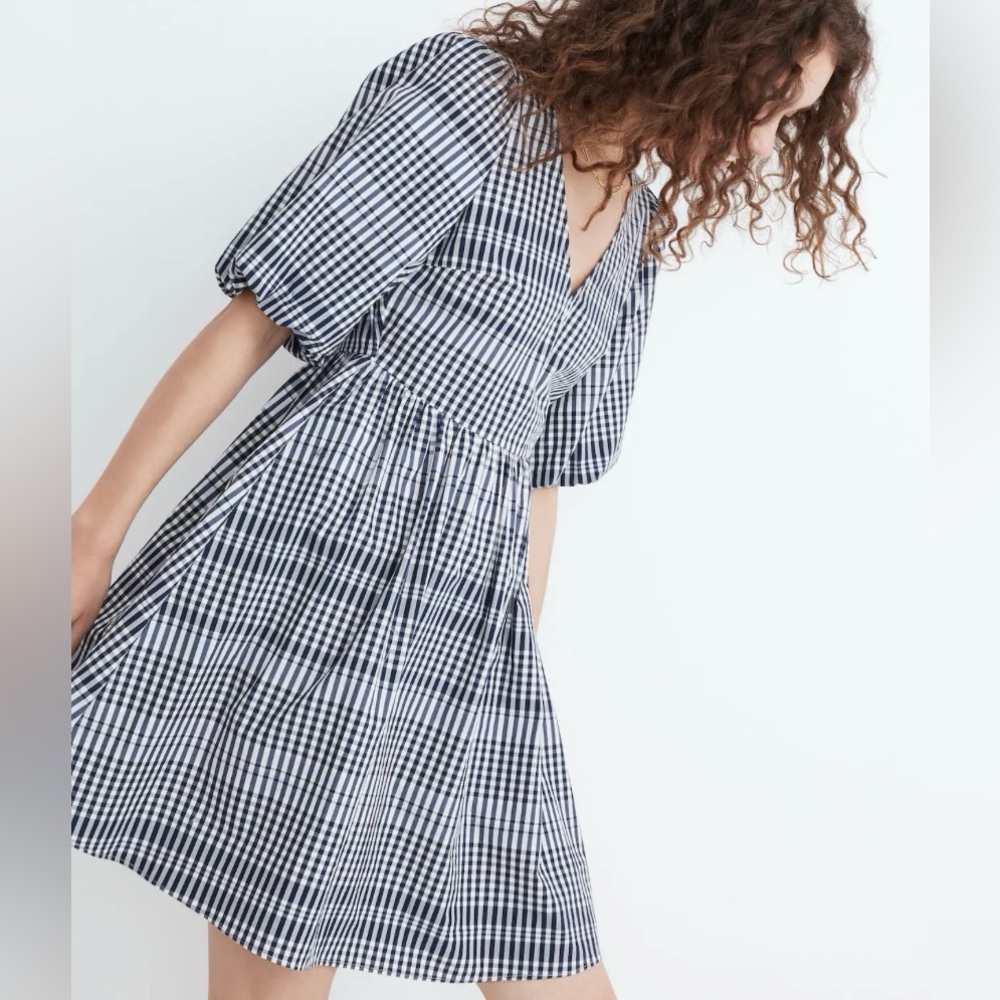 MADEWELL Mini Dress Poplin V-Neck Bubble-Sleeve  White Blue Plaid SZ 2 NWOT